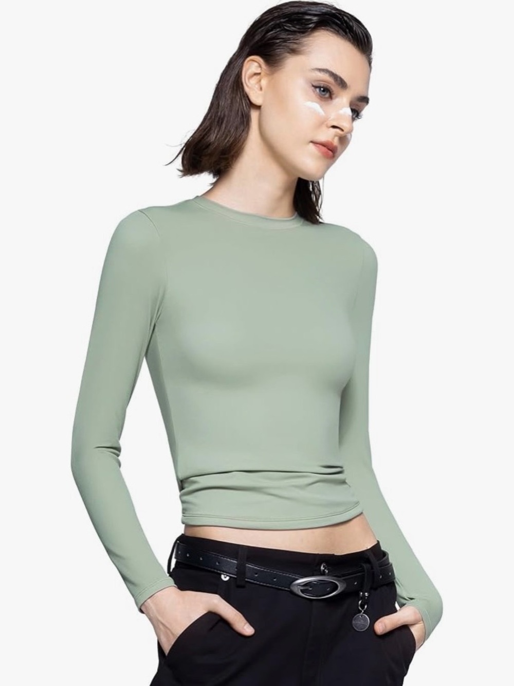 Women Sage Green Top Long Sleeve Crewneck Top - Spandex and Polyester size small - Picture 4 of 5